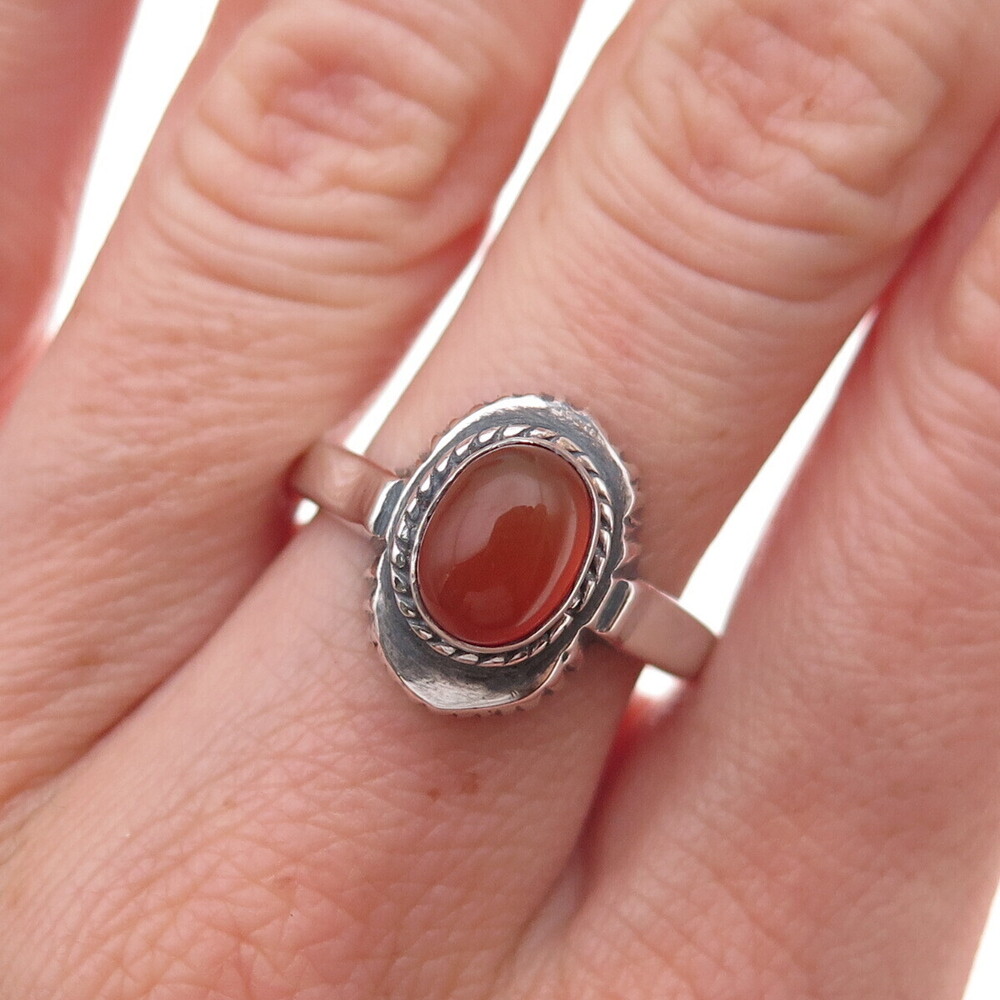 925 Sterling Silver Vintage Real Carnelian Modernist Oxidized Ring Size 7.5